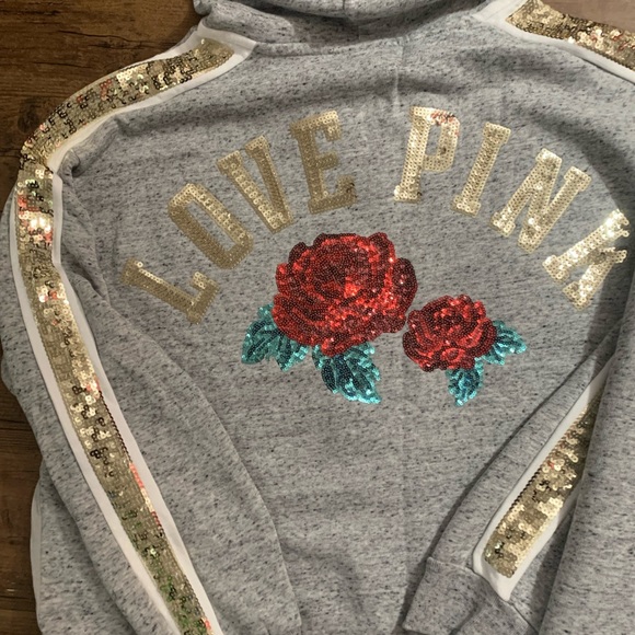 PINK VS ROSES BLING HOODIE / JOGGERS OUTFIT SET LARGE - Picture 6 of 10